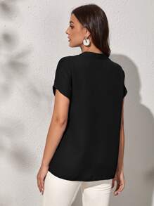 SHEIN Clasi Notch Neck Batwing Sleeve Solid Blouse - Black - View 2