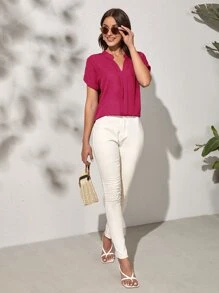 SHEIN Clasi Notch Neck Batwing Sleeve Solid Blouse - Hot Pink - View 3