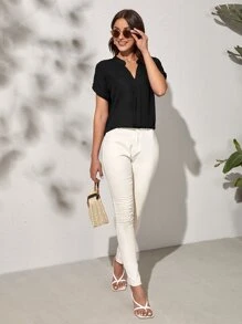 SHEIN Clasi Notch Neck Batwing Sleeve Solid Blouse - Black - View 3