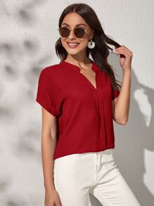 SHEIN Clasi Notch Neck Batwing Sleeve Solid Blouse - Burgundy - View 4