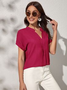 SHEIN Clasi Notch Neck Batwing Sleeve Solid Blouse - Hot Pink - View 4