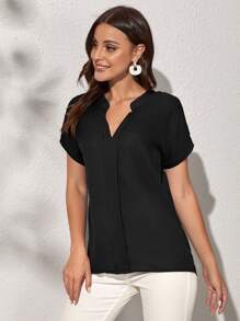 SHEIN Clasi Notch Neck Batwing Sleeve Solid Blouse - Black - View 5