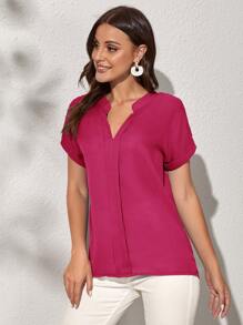 SHEIN Clasi Notch Neck Batwing Sleeve Solid Blouse - Hot Pink - View 5