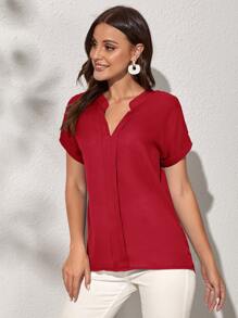 SHEIN Clasi Notch Neck Batwing Sleeve Solid Blouse - Burgundy - View 5
