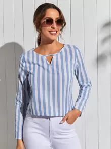 SHEIN Áo sơ mi nữ Cắt ra Sọc Giải trí - Xanh và trắng - Xem 1