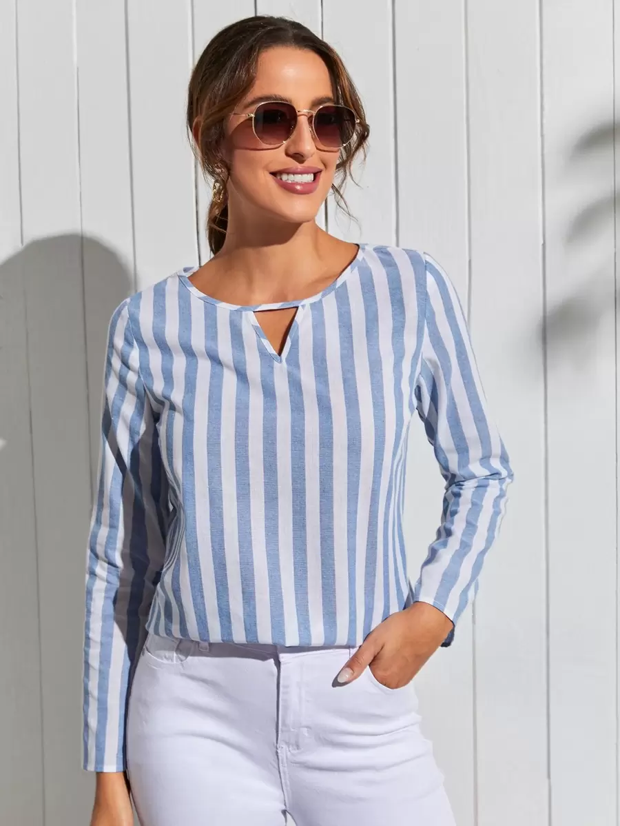 SHEIN Áo sơ mi nữ Cắt ra Sọc Giải trí - Xanh và trắng - Xem 1