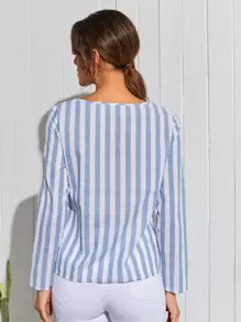 SHEIN Áo sơ mi nữ Cắt ra Sọc Giải trí - Xanh và trắng - Xem 2