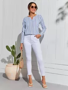 SHEIN Áo sơ mi nữ Cắt ra Sọc Giải trí - Xanh và trắng - Xem 3