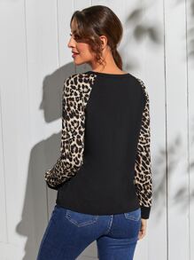 SHEIN Leopard Print Raglan Sleeve Tee - Black - View 2
