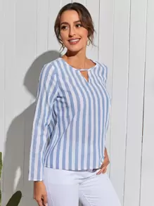 SHEIN Áo sơ mi nữ Cắt ra Sọc Giải trí - Xanh và trắng - Xem 5