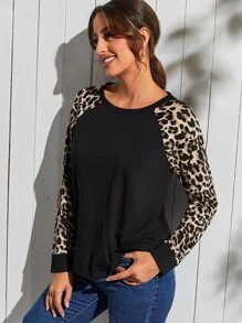SHEIN Leopard Print Raglan Sleeve Tee - Black - View 4