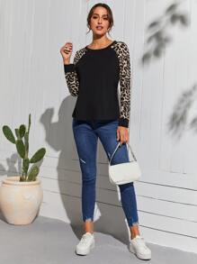 SHEIN Leopard Print Raglan Sleeve Tee - Black - View 5