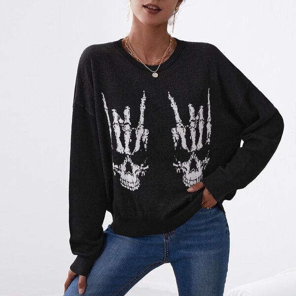 

Drop Shoulder Skeleton Pattern Sweater, Black