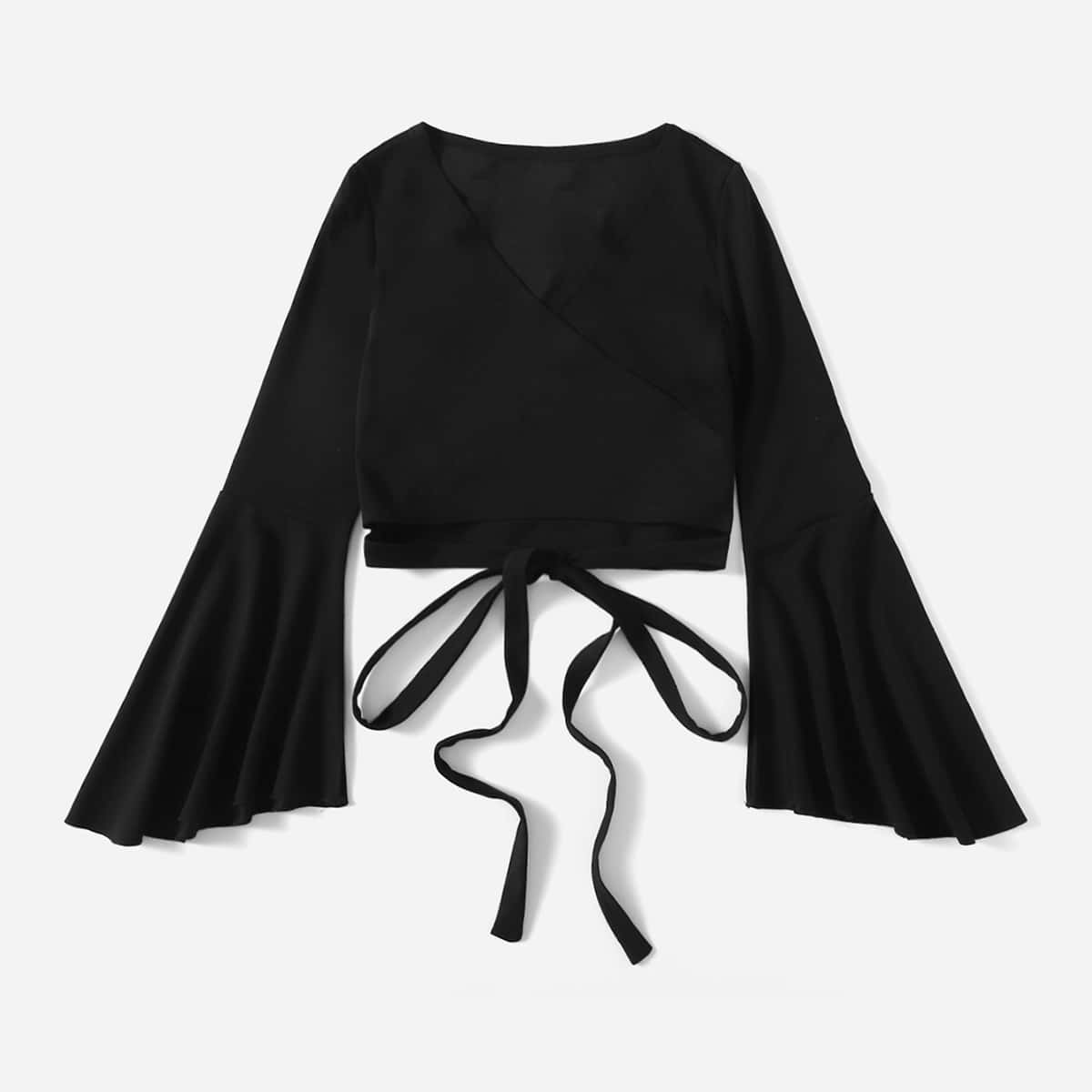 

Solid Wrap Flounce Sleeve Crop Top, Black