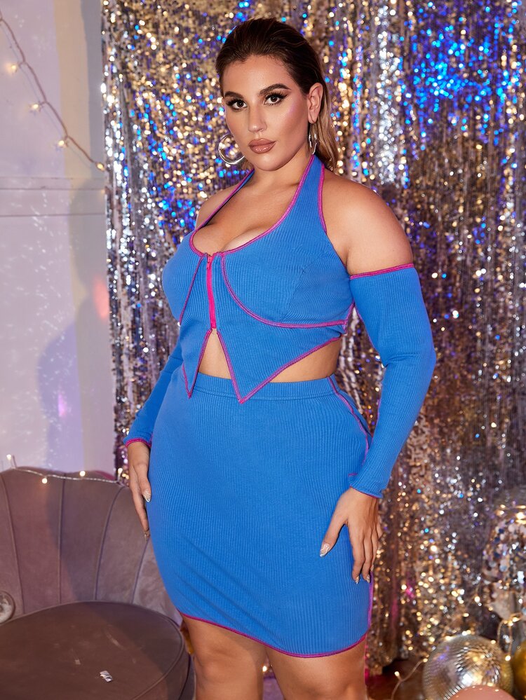 Plus Backless Halterneck Top-stitching Binding Crop Top & Bodycon Skirt