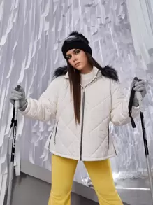 SHEIN EZwear Plus Zip Up Hooded Fuzzy Trim Quilted Coat - White - View 1