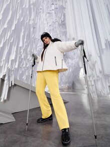 SHEIN EZwear Plus Zip Up Hooded Fuzzy Trim Quilted Coat - White - View 3