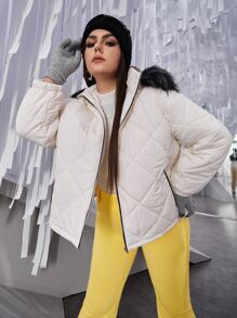 SHEIN EZwear Plus Zip Up Hooded Fuzzy Trim Quilted Coat - White - View 4