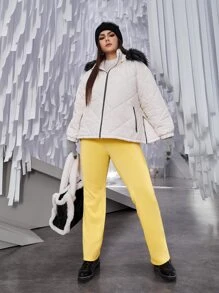 SHEIN EZwear Plus Zip Up Hooded Fuzzy Trim Quilted Coat - White - View 5