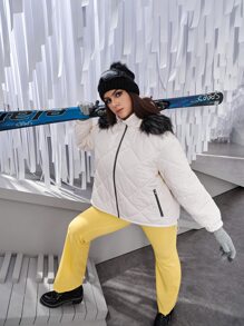 SHEIN EZwear Plus Zip Up Hooded Fuzzy Trim Quilted Coat - White - View 6