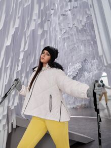 SHEIN EZwear Plus Zip Up Hooded Fuzzy Trim Quilted Coat - White - View 7