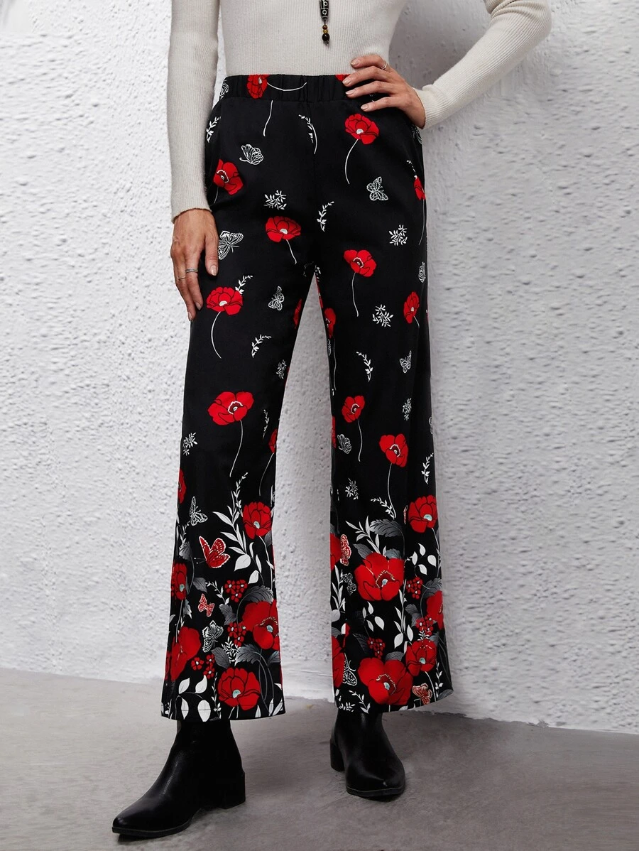花和蝴蝶圖案闊腿褲 - 彩色 - 查看 1