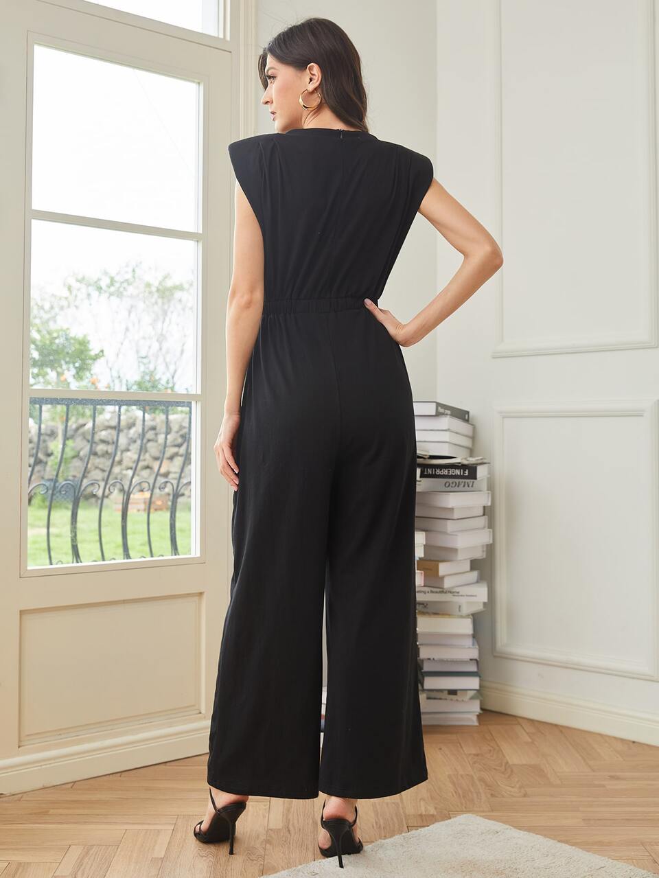 Chain Detail Shoulder Pad Wide Leg Jumpsuit