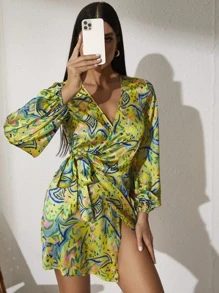 滿版印花燈籠袖側繫帶圍裹式連衣裙 - 彩色 - 查看 4