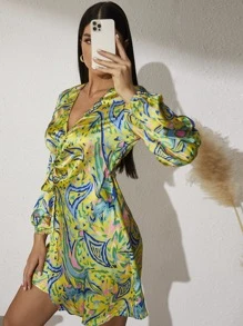 滿版印花燈籠袖側繫帶圍裹式連衣裙 - 彩色 - 查看 6