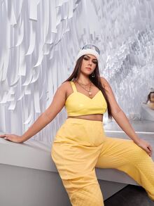 SHEIN ICON Plus Crop PU Leather Cami Top - Yellow - View 6