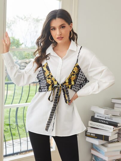 SHEIN VCAY Drop Shoulder Knotted 2 In 1 Blouse