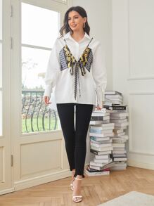 SHEIN VCAY Drop Shoulder Knotted 2 In 1 Blouse - White - View 3