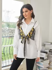 SHEIN VCAY Drop Shoulder Knotted 2 In 1 Blouse - White - View 4