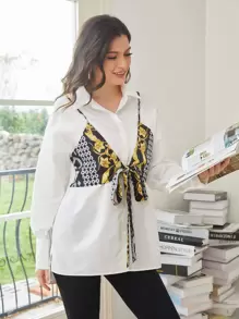 SHEIN VCAY Drop Shoulder Knotted 2 In 1 Blouse - White - View 5