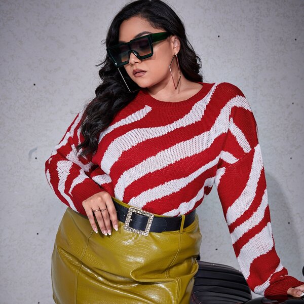 

Plus Allover Pattern Drop Shoulder Sweater, Red and white