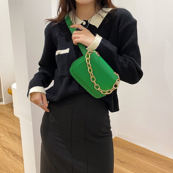 

Chain Decor Flap Fanny Pack, Green