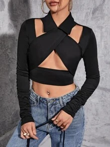 SHEIN BAE Áo nữ Lộ Lưng Hội Chữ thập Buộc lại màu trơn Gợi cảm - màu đen - Xem 4