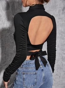 SHEIN BAE Áo nữ Lộ Lưng Hội Chữ thập Buộc lại màu trơn Gợi cảm - màu đen - Xem 2