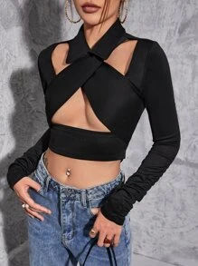 SHEIN BAE Áo nữ Lộ Lưng Hội Chữ thập Buộc lại màu trơn Gợi cảm - màu đen - Xem 3
