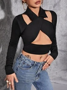 SHEIN BAE Áo nữ Lộ Lưng Hội Chữ thập Buộc lại màu trơn Gợi cảm - màu đen - Xem 1