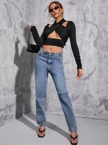 SHEIN BAE Áo nữ Lộ Lưng Hội Chữ thập Buộc lại màu trơn Gợi cảm - màu đen - Xem 5