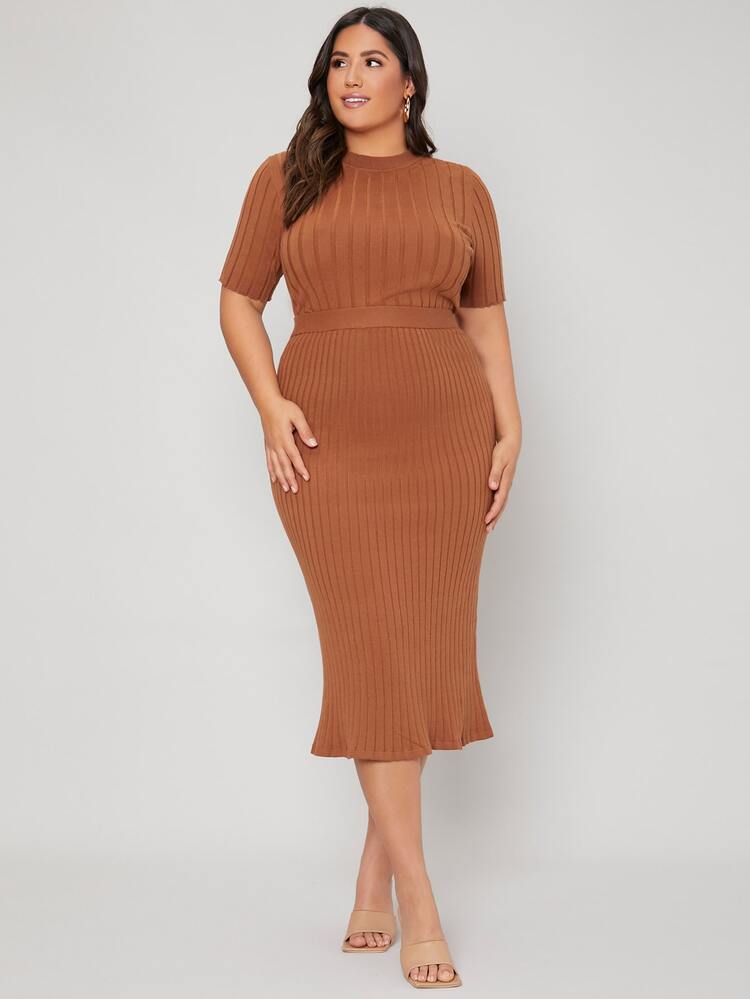 Mulvari Plus Solid Ribbed Knit Top & Skirt Set - Brown - View 3