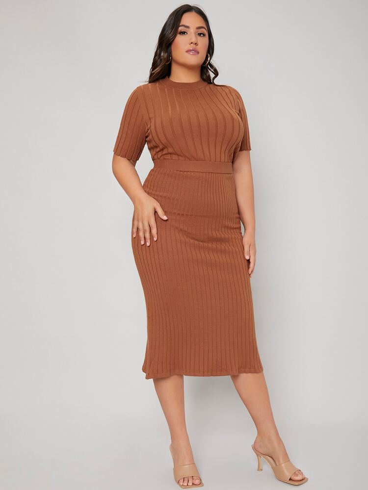 Mulvari Plus Solid Ribbed Knit Top & Skirt Set - Brown - View 6