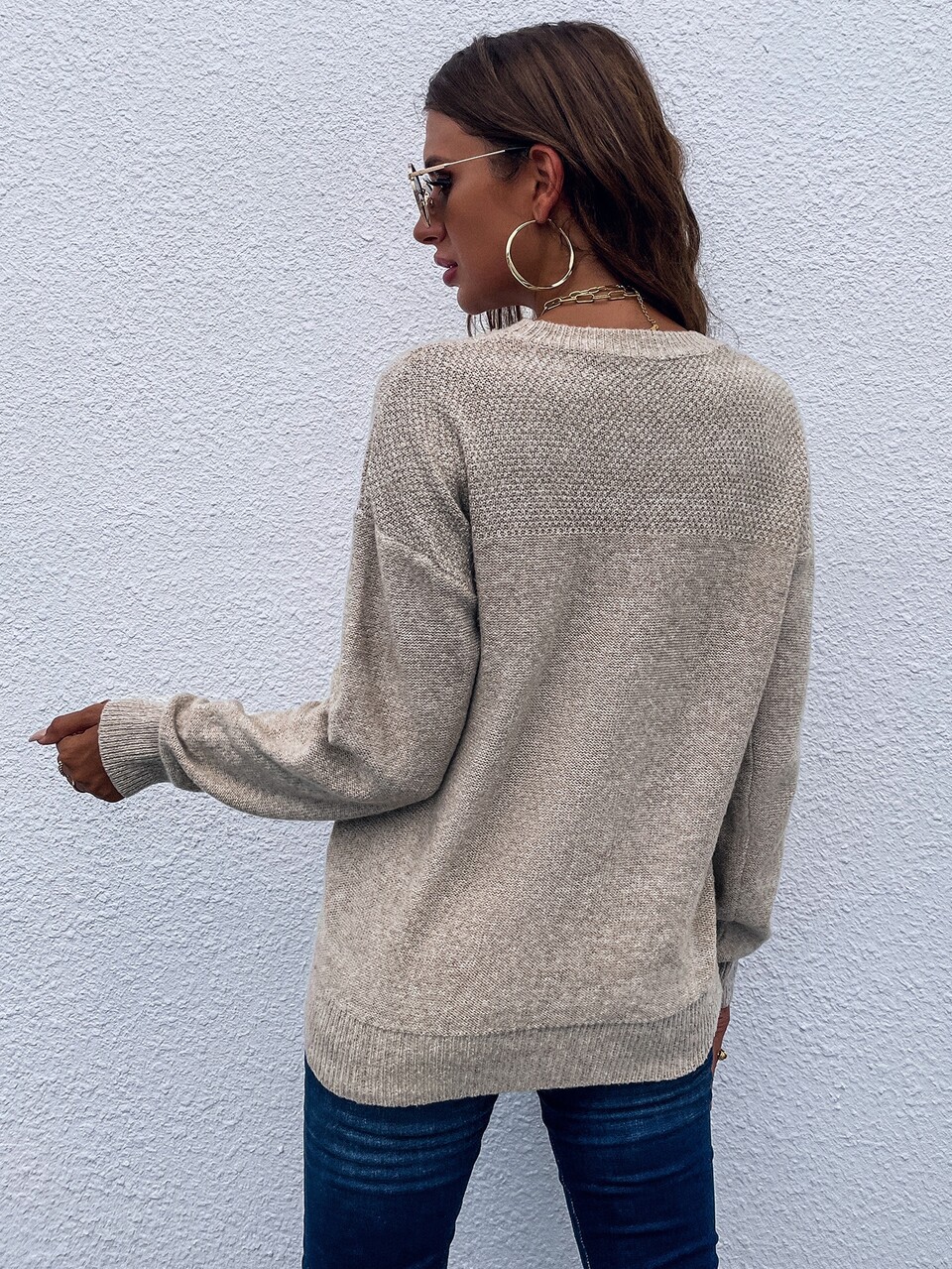 Drop Shoulder Crew Neck Sweater Knit Pullover Fall Winter