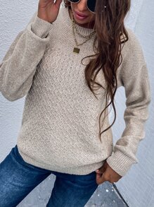 SHEIN LUNE Drop Shoulder Crew Neck Sweater Knit Pullover Fall Winter Outfit - Apricot - View 4