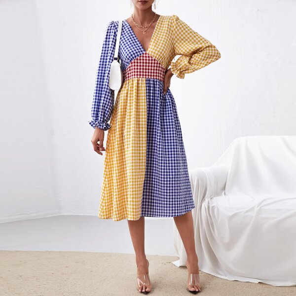 

Gingham Color Block Plunging Neck Flounce Sleeve Dress, Multicolor
