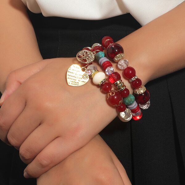 

3pcs Heart & Tree Charm Bracelet, Burgundy