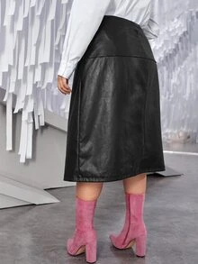 SHEIN Plus Button Front PU Leather Skirt - Black - View 2