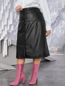 SHEIN Plus Button Front PU Leather Skirt - Black - View 4