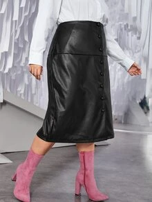SHEIN Plus Button Front PU Leather Skirt - Black - View 5